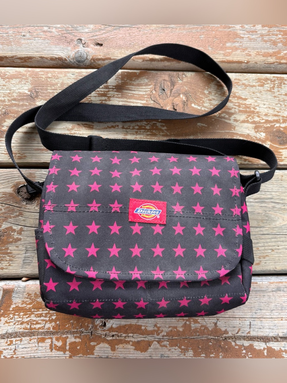 Dickies Small Black Crossbody Purse With Pink Stars